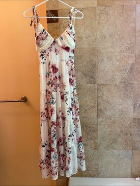 Boutique Floral White Maxi Sundress with Pink Rose Print Speghetti Straps